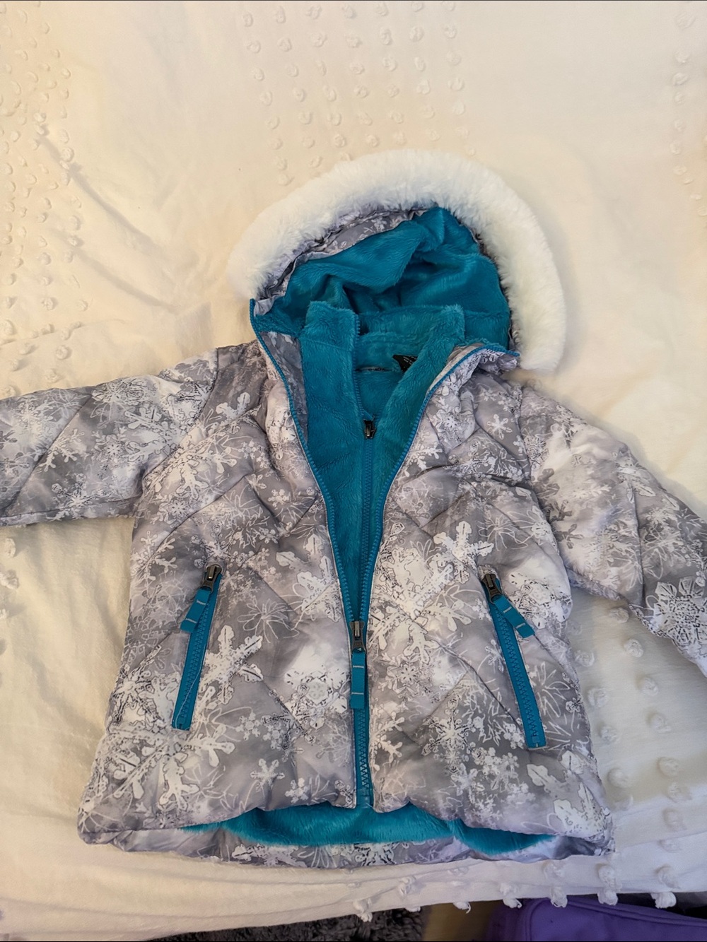 Snozu Gray Snowflake Puffer Jacket with Teal Accents